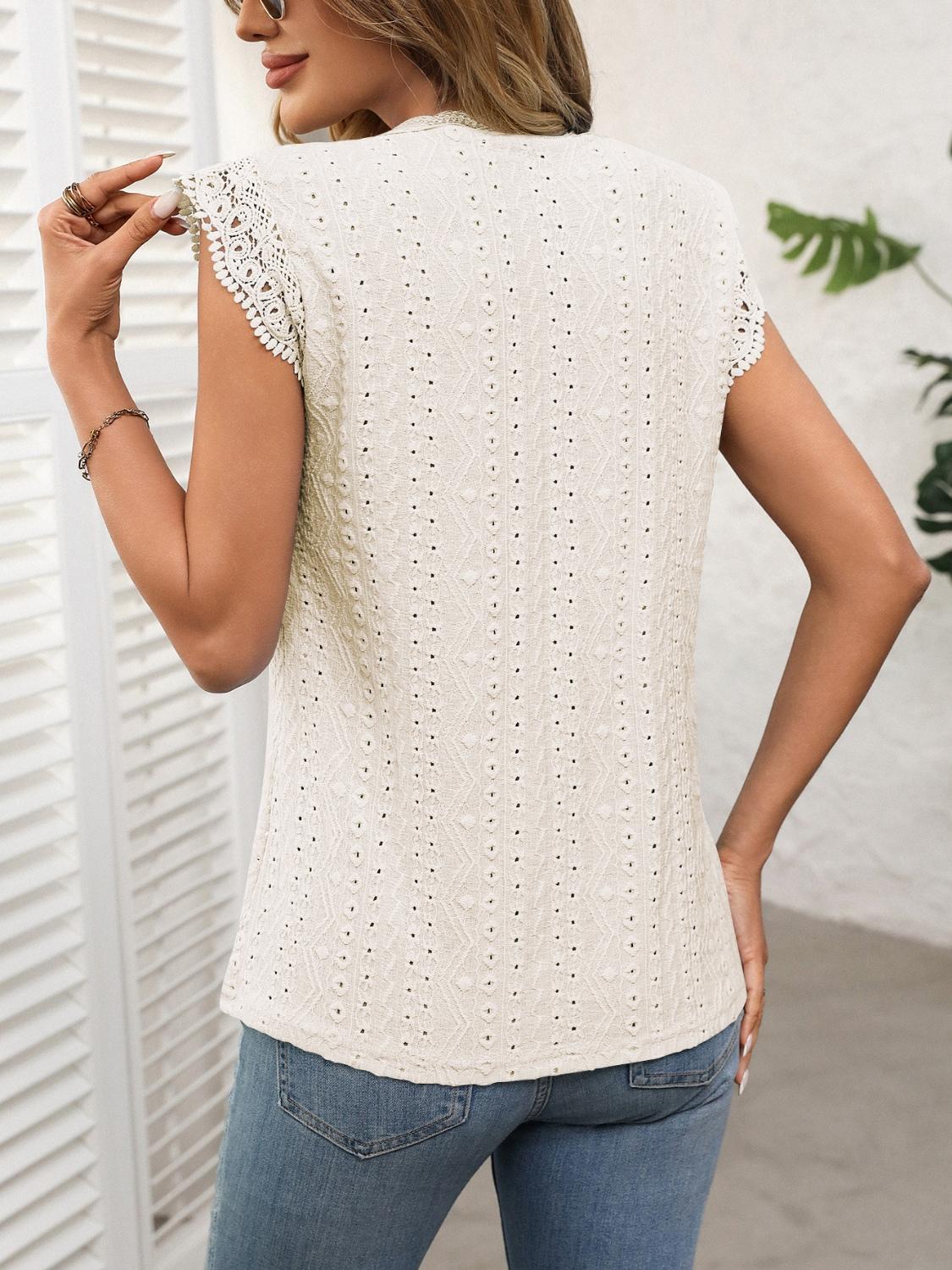 Lace Detail Eyelet Cap Sleeve Top - Demure Style - Whimsical Clothing