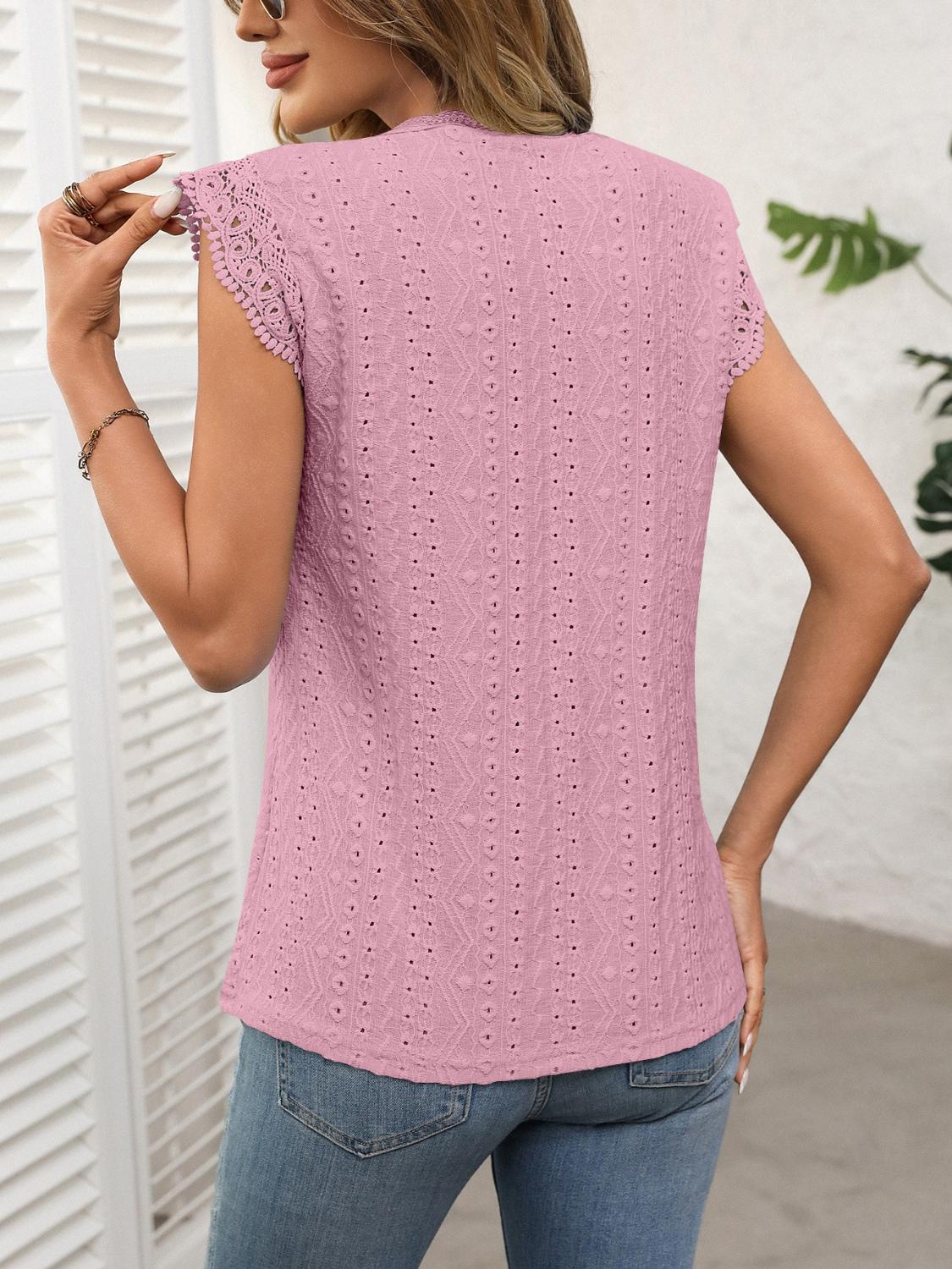 Lace Detail Eyelet Cap Sleeve Top - Demure Style - Whimsical Clothing