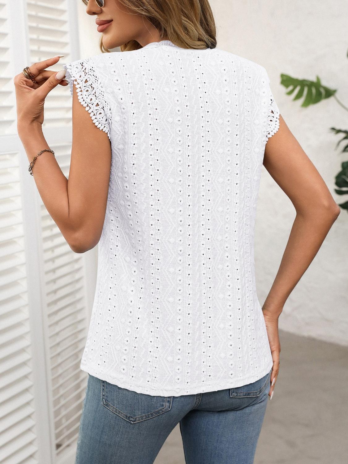 Lace Detail Eyelet Cap Sleeve Top - Demure Style - Whimsical Clothing