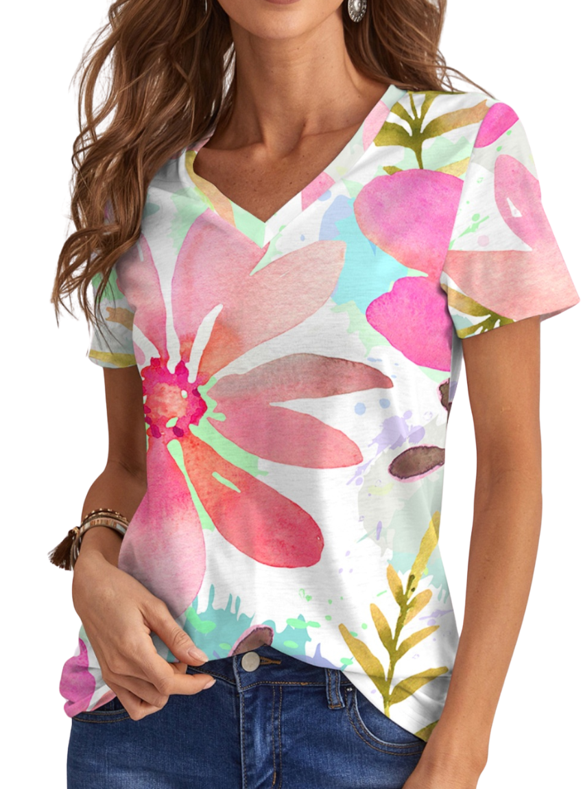 Revitalize your wardrobe with our Printed V-Neck Short Sleeve T-Shirt. Breathable fabric, versatile design, and effortless style in one