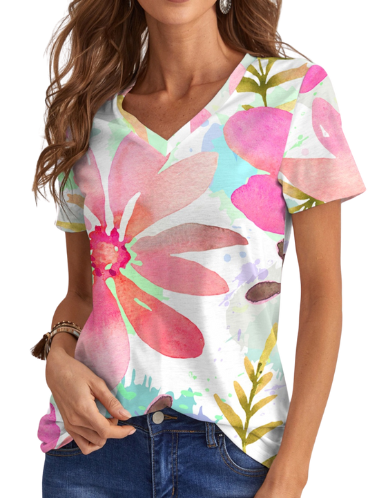 Revitalize your wardrobe with our Printed V-Neck Short Sleeve T-Shirt. Breathable fabric, versatile design, and effortless style in one