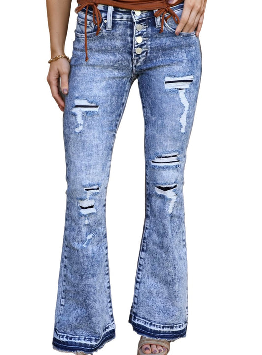 Front view of Distressed Button-Fly Bootcut Jeans featuring stylish button-fly closure and edgy fashion details.