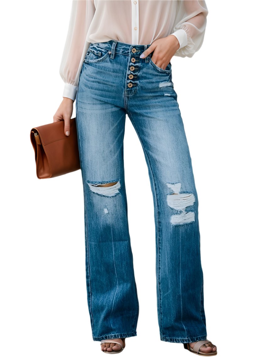 Front view of high-rise distressed wide-leg jeans with button-fly detailing.