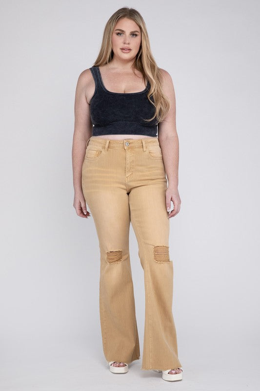 Women’s plus-size casual flare jeans with a high-rise fit.
