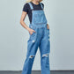 Women’s high-waist ripped denim overalls with functional patch pockets.
