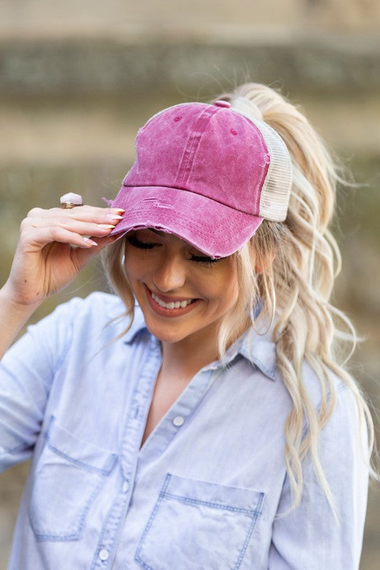 Berry distressed messy bun hat cap with ponytail opening
