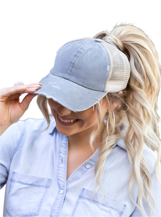 Gray distressed messy bun hat cap with ponytail opening
