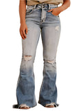 Women's high-rise bootcut jeans featuring distressed details and a raw hem.