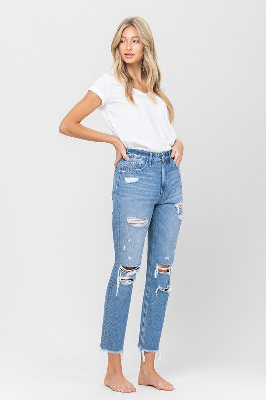 VERVET light wash high-rise mom jeans with trendy distressing.
