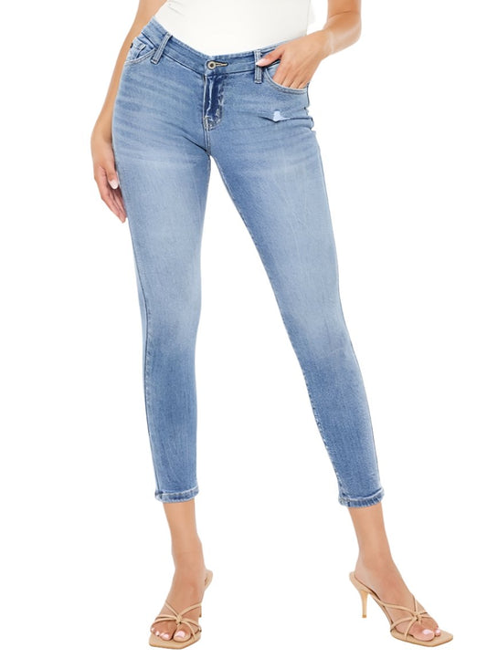 Front view of Kancan Cat's Whiskers High Waist Skinny Jeans showcasing light wash and distressed details.