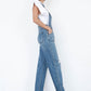 Women’s medium-wash slim straight denim overalls for casual styling.
