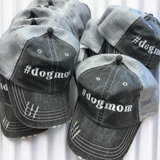 Grey #DogMom trucker hat with mesh back and Velcro closure
