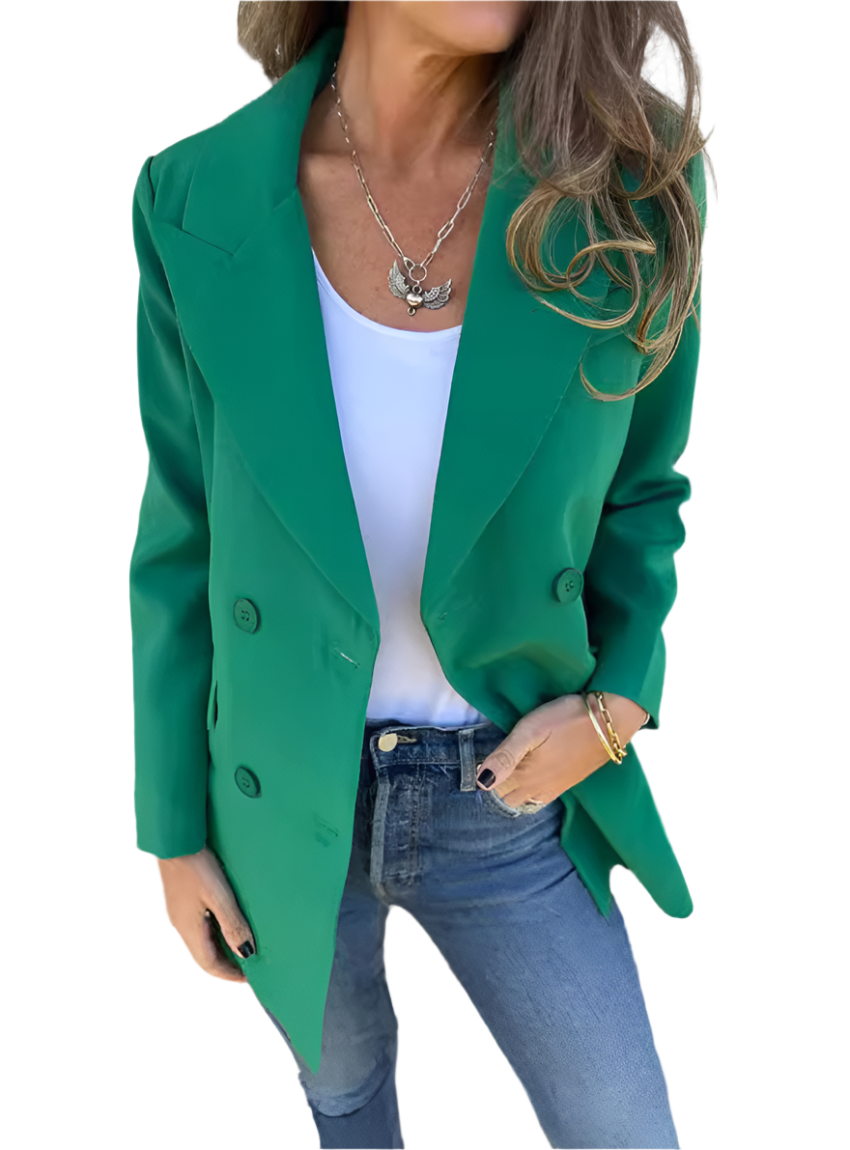 Green double-breasted lapel blazer jacket with classic design
