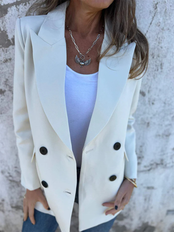 White lapel blazer jacket with double buttons and flap pockets
