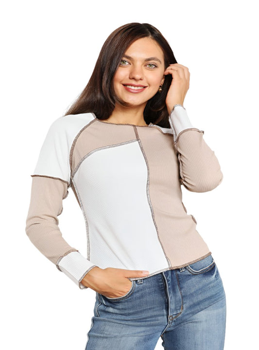 Double Take Color Block Exposed Seam Top in neutral tones front view