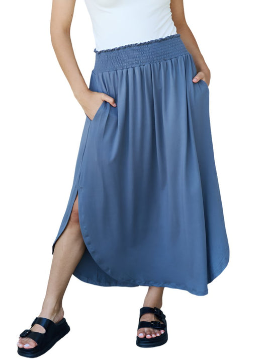 Doublju high waist scoop hem maxi skirt with side slits and pockets