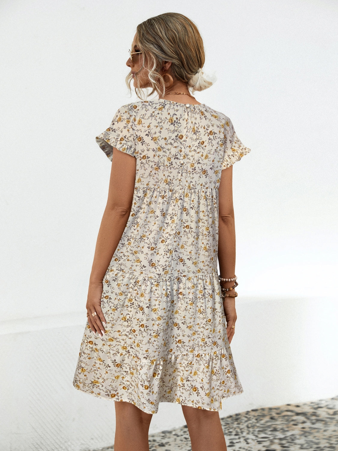 Frill Floral Round Neck Short Sleeve Tiered Dress - Whimsical Appalachian Boutique