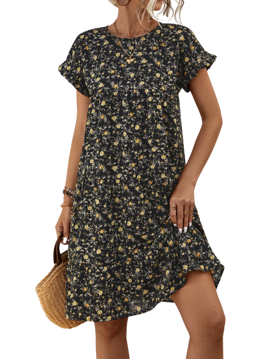 Frill Floral Round Neck Short Sleeve Tiered Dress - Whimsical Appalachian Boutique