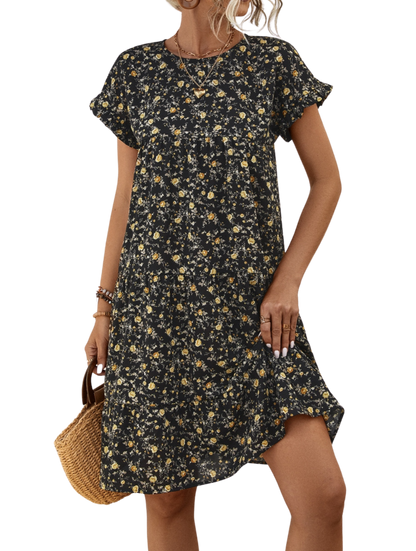 Frill Floral Round Neck Short Sleeve Tiered Dress - Whimsical Appalachian Boutique