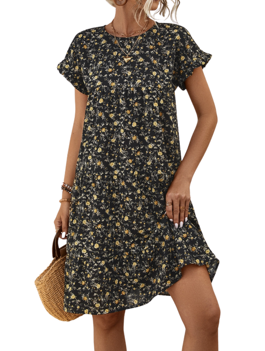 Frill Floral Round Neck Short Sleeve Tiered Dress - Whimsical Appalachian Boutique