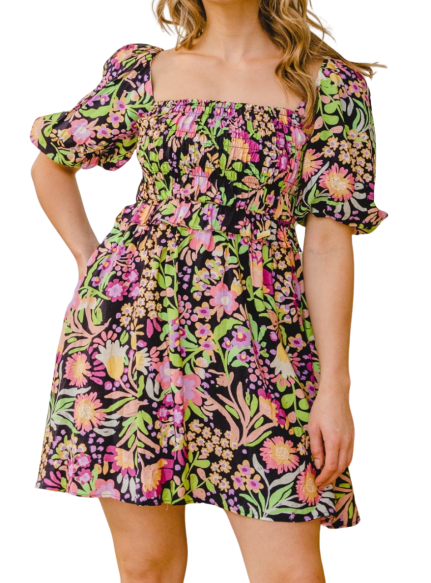 Full Size Floral Tie-Back Mini Dress - Whimsical Appalachian Boutique