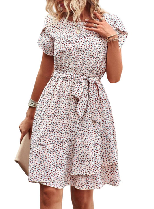 Belted Round Neck Petal Sleeve Mini Dress