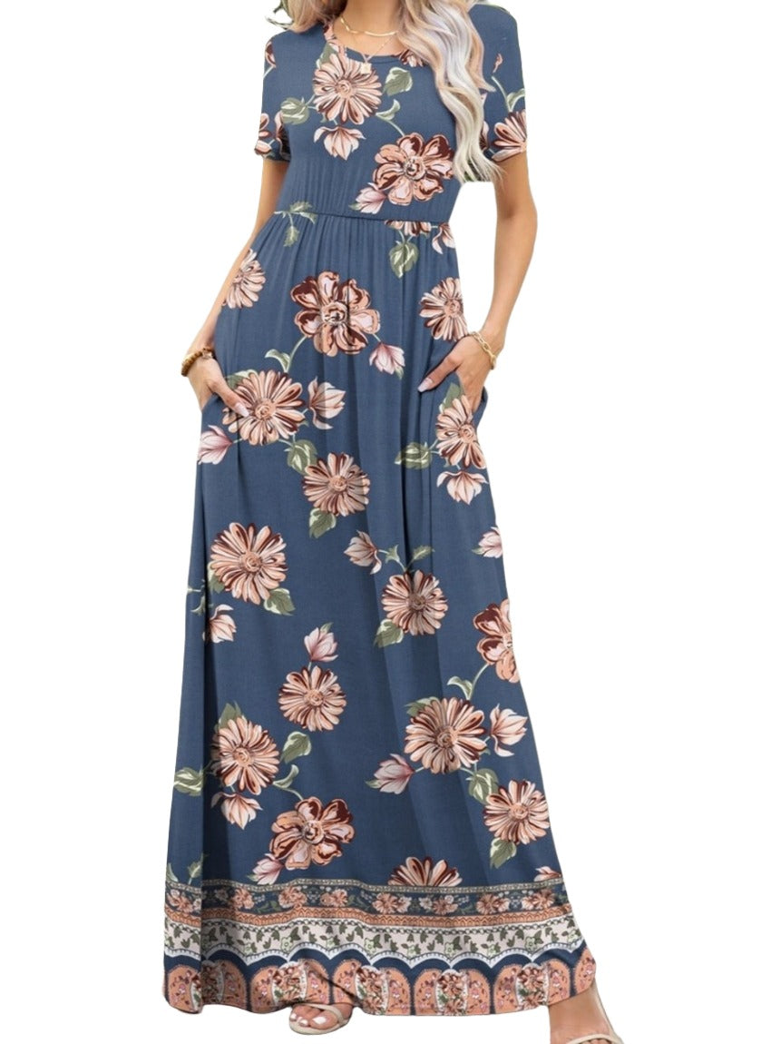 Printed Round Neck Short Sleeve Maxi Dress - Whimsical Appalachian Boutique