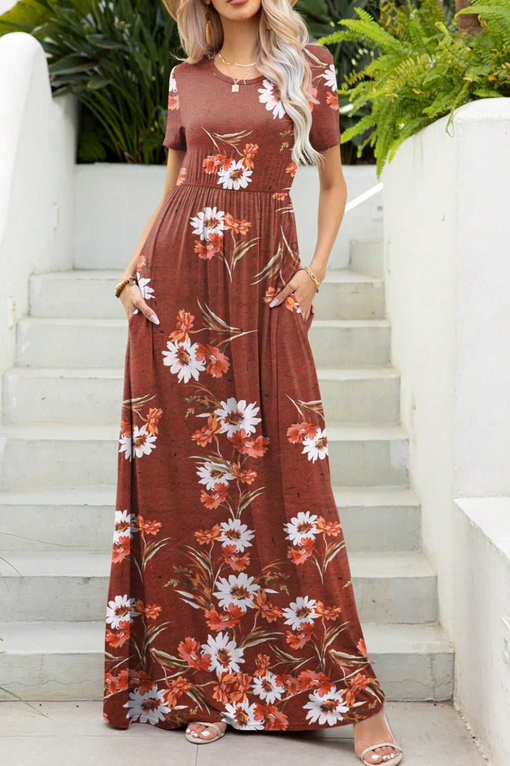 Printed Round Neck Short Sleeve Maxi Dress - Whimsical Appalachian Boutique