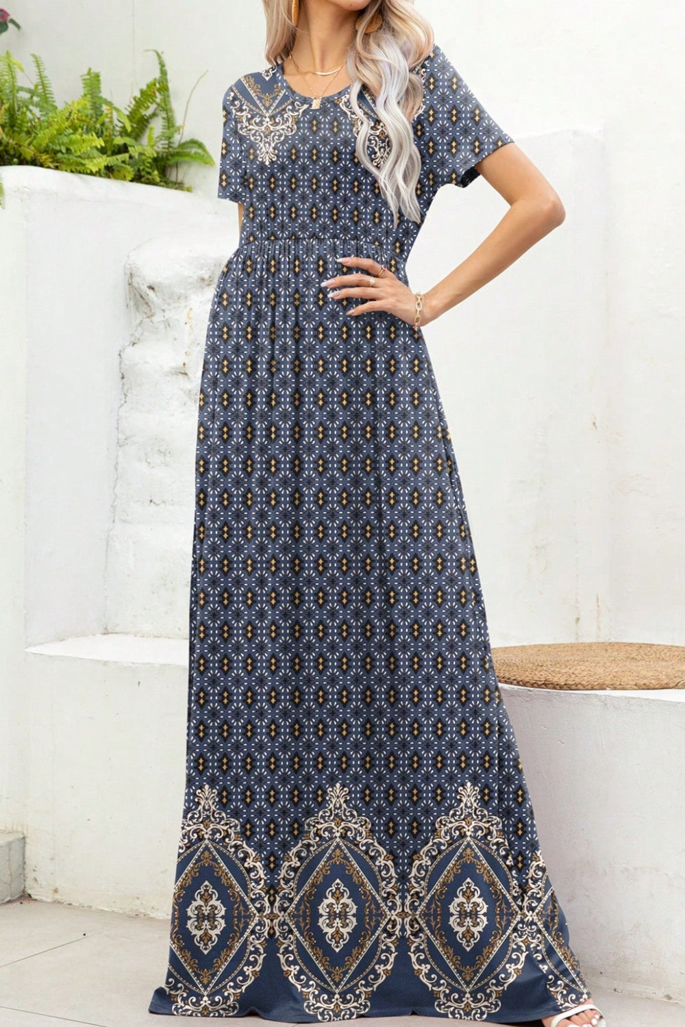 Printed Round Neck Short Sleeve Maxi Dress - Whimsical Appalachian Boutique