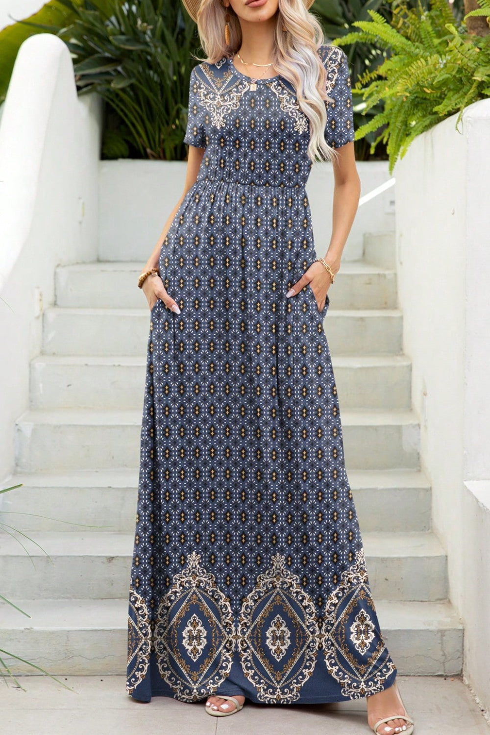 Printed Round Neck Short Sleeve Maxi Dress - Whimsical Appalachian Boutique