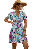 Printed Surplice Tie Waist Mini Dress - Whimsical Appalachian Boutique