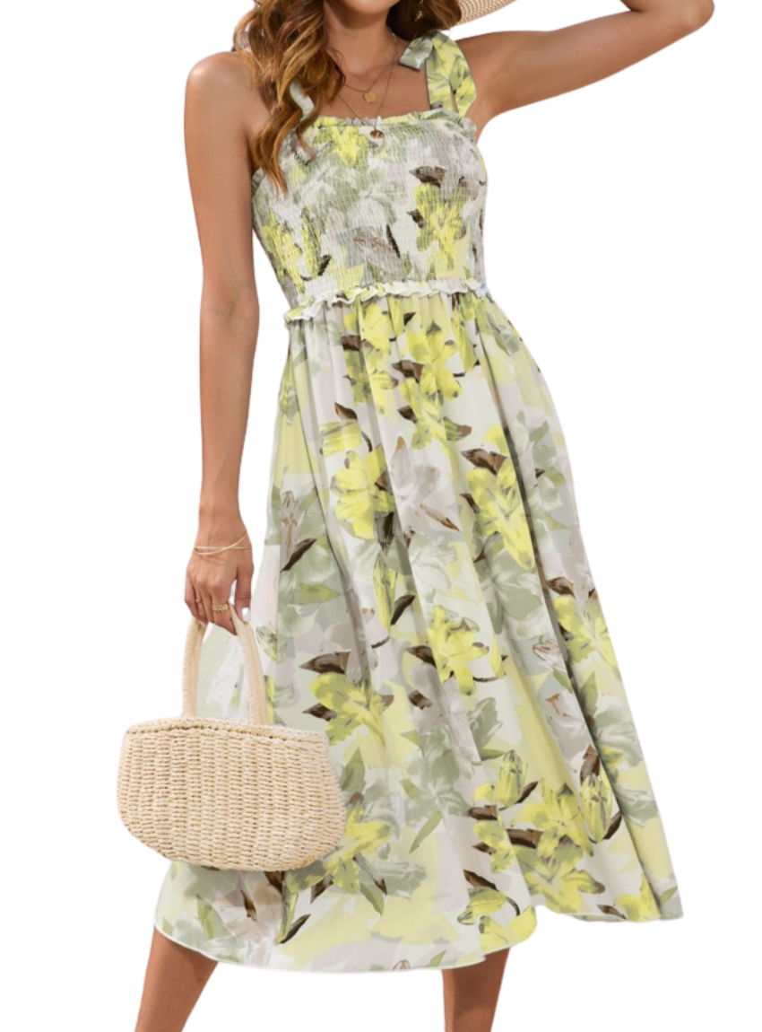 Smocked Printed Square Neck Midi Dress - Whimsical Appalachian Boutique