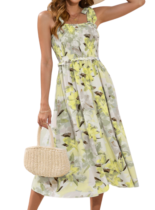 Smocked Printed Square Neck Midi Dress - Whimsical Appalachian Boutique