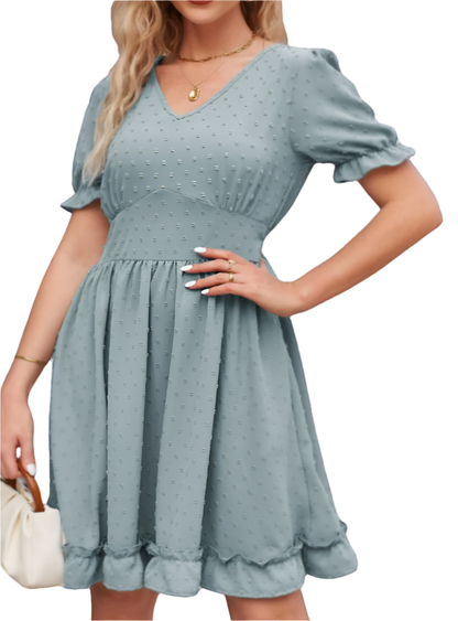 Swiss Dot Frill Trim V-Neck Dress - Whimsical Appalachian Boutique