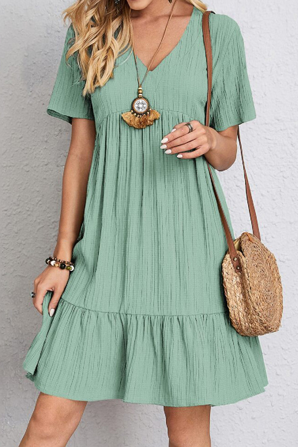 Ruched V-Neck Short Sleeve Dress - Whimsical Appalachian Boutique