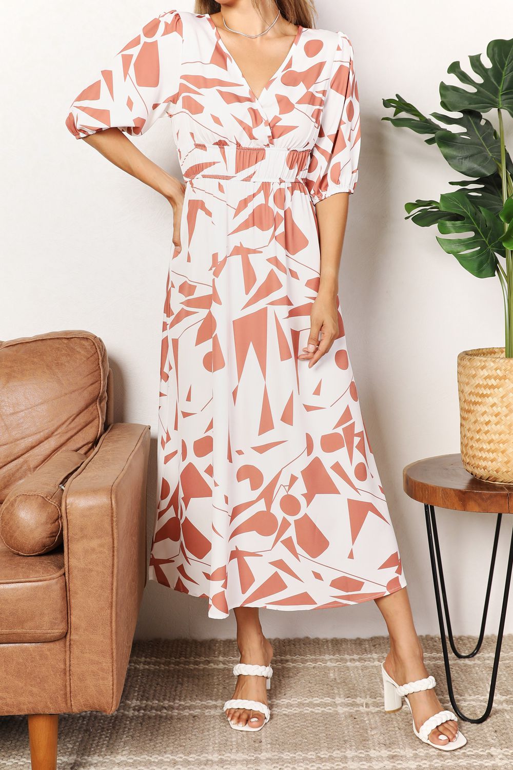 Printed Surplice Balloon Sleeve Midi Dress - Whimsical Appalachian Boutique