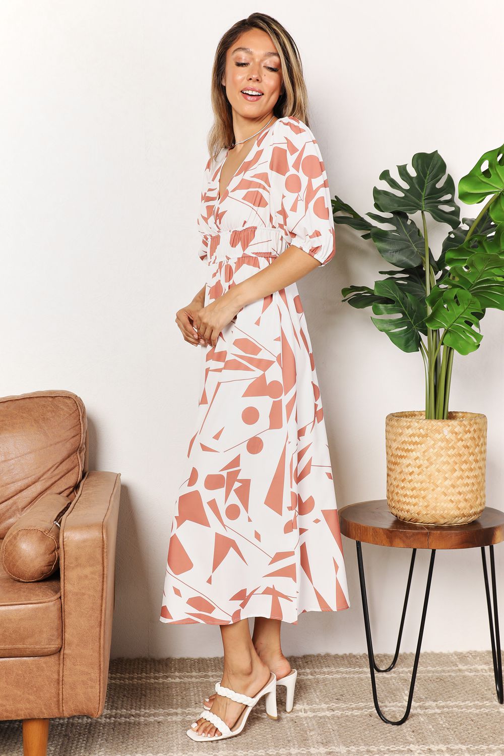 Printed Surplice Balloon Sleeve Midi Dress - Whimsical Appalachian Boutique