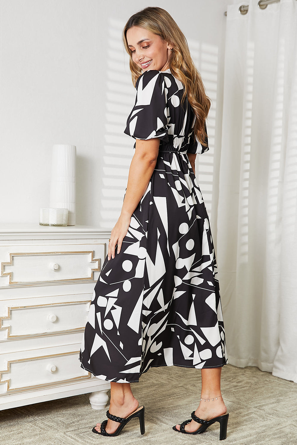 Printed Surplice Balloon Sleeve Midi Dress - Whimsical Appalachian Boutique