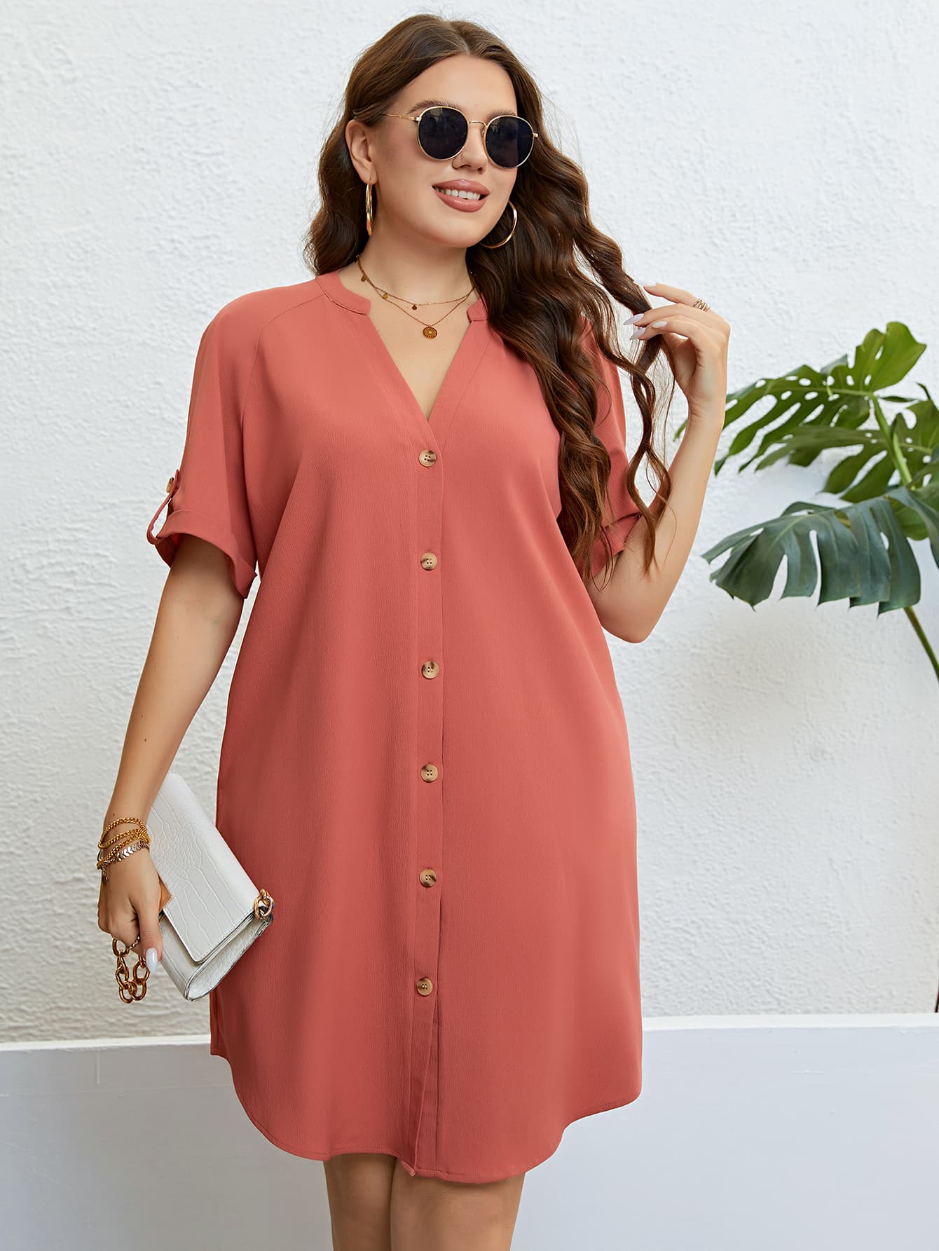 Plus Size Buttoned Notched Neck Shift Dress - Whimsical Appalachian Boutique