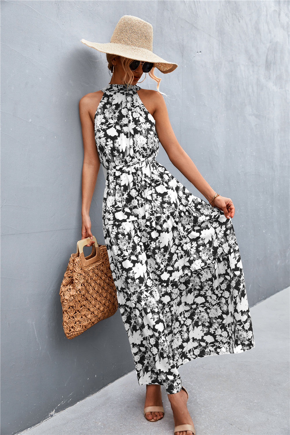 Printed Sleeveless Tie Waist Maxi Dress - Whimsical Appalachian Boutique