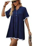 Contrast Trim Notched Short Sleeve Mini Dress