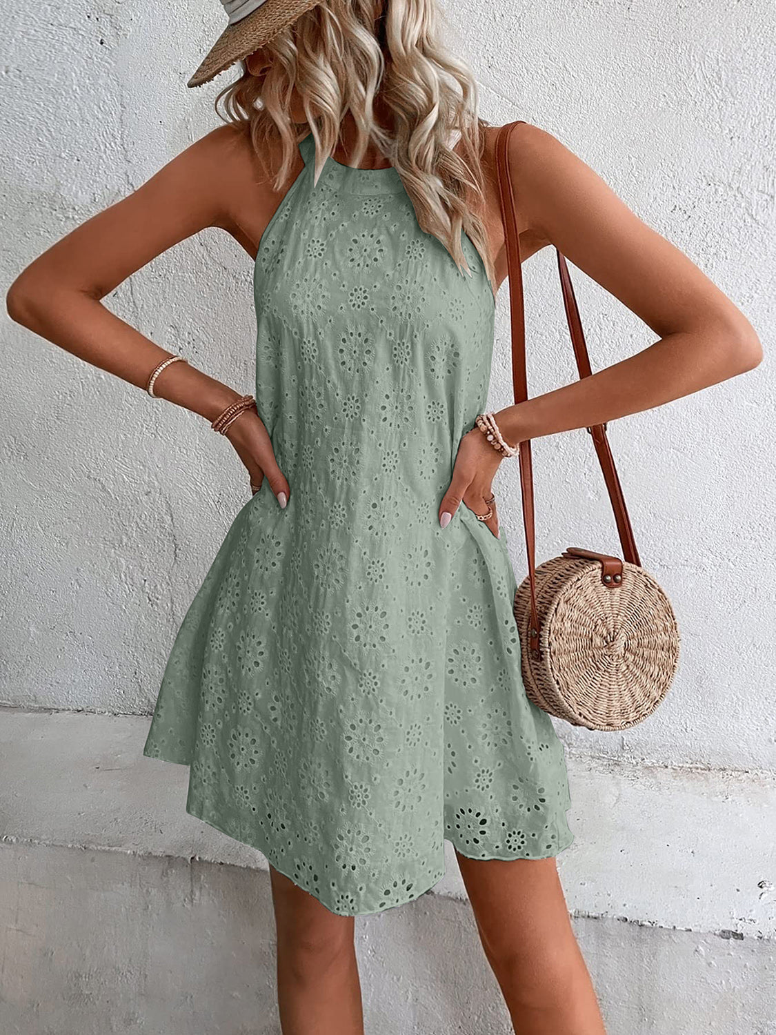 Flowy Eyelet Grecian Neck Mini Dress - Whimsical Appalachian Boutique