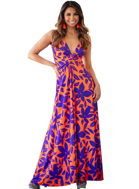 Twisted Printed V-Neck Maxi Dress - Whimsical Appalachian Boutique