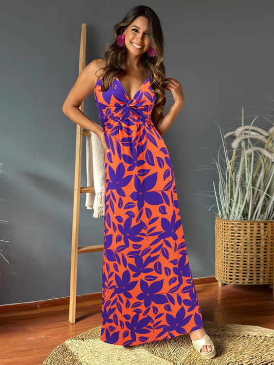 Twisted Printed V-Neck Maxi Dress - Whimsical Appalachian Boutique