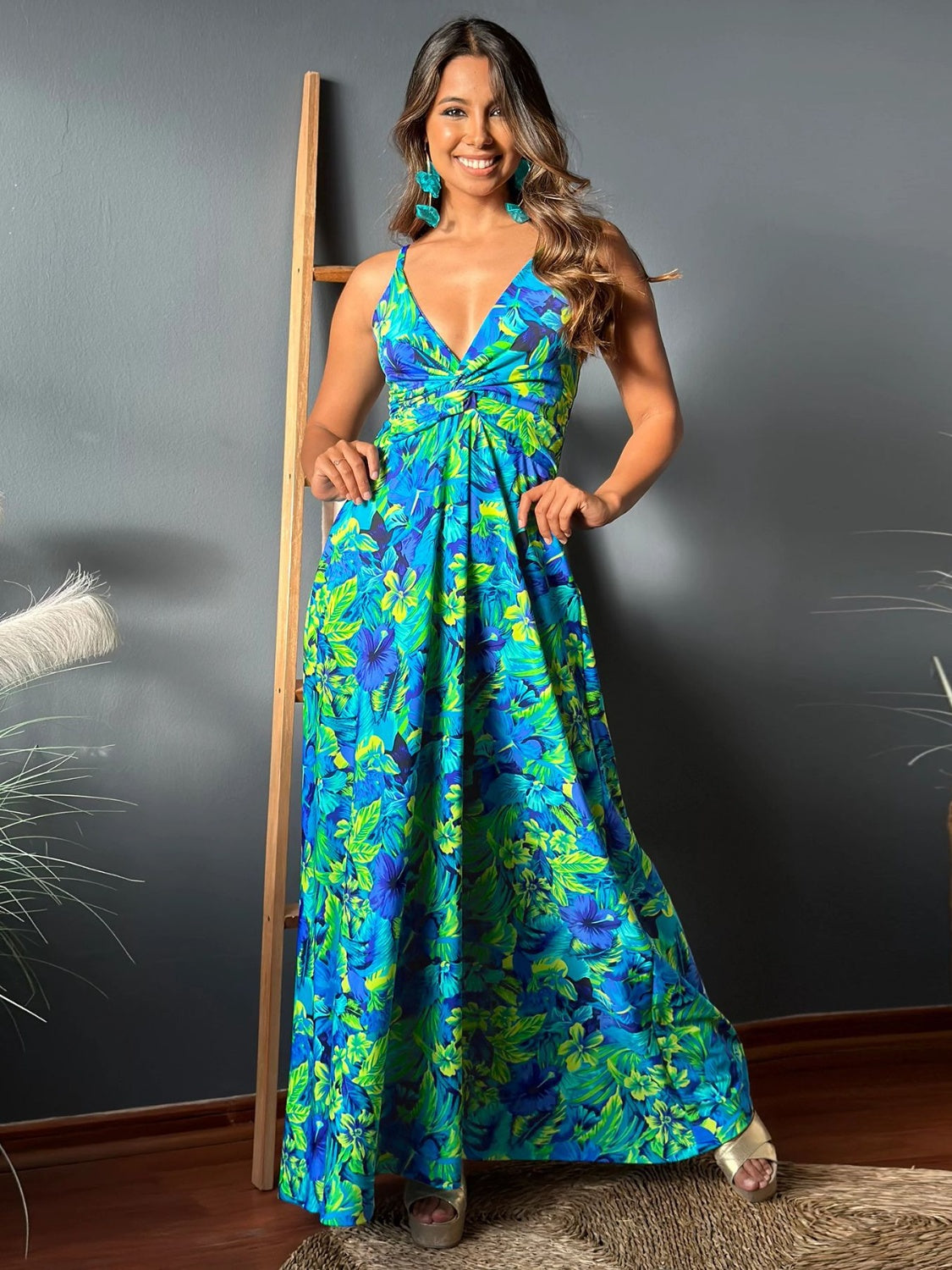 Twisted Printed V-Neck Maxi Dress - Whimsical Appalachian Boutique