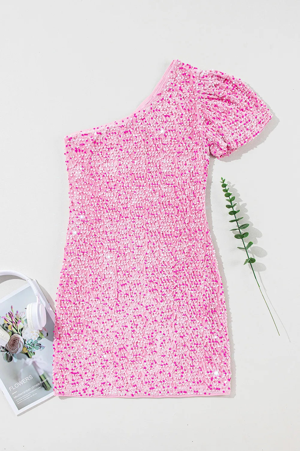 Pink Sequin Single Shoulder Short Sleeve Mini Dress - Whimsical Appalachian Boutique