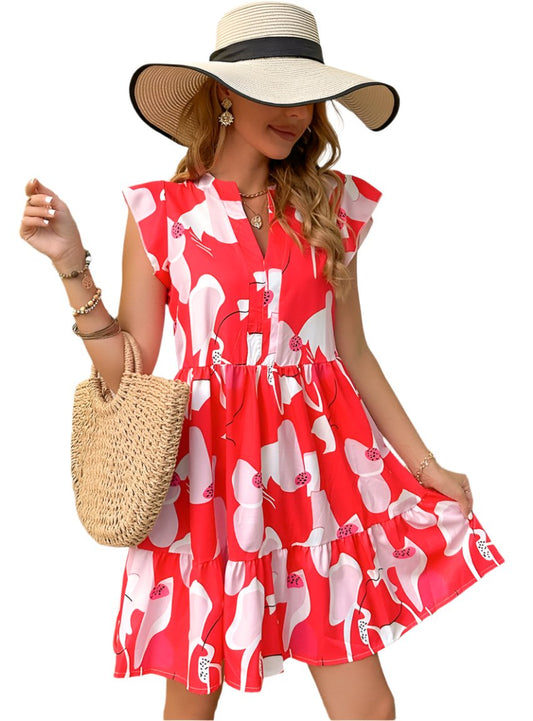 Printed Notched Cap Sleeve Dress - Whimsical Appalachian Boutique