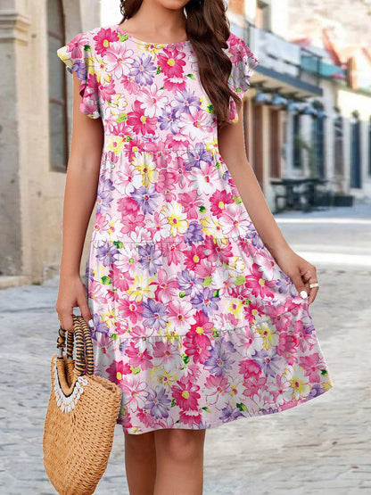 Printed Round Neck Tiered Dress - Whimsical Appalachian Boutique