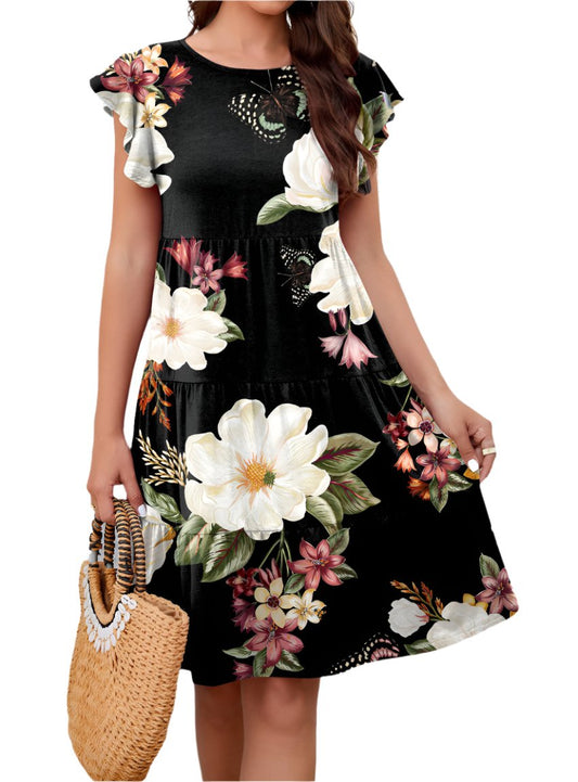 Printed Round Neck Tiered Dress - Whimsical Appalachian Boutique