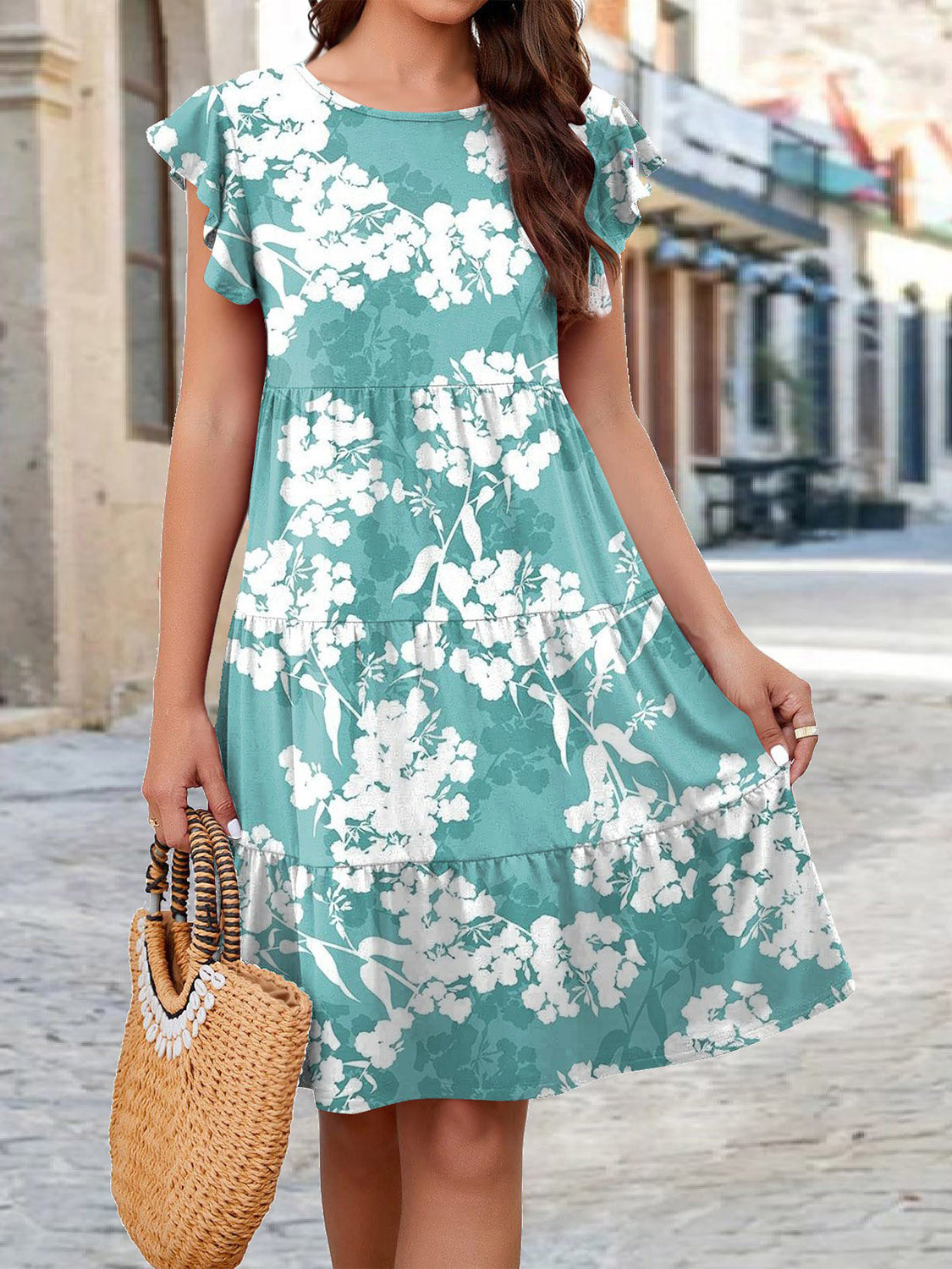 Printed Round Neck Tiered Dress - Whimsical Appalachian Boutique